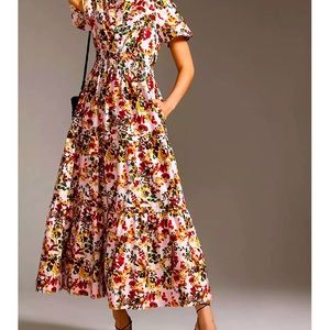 Anthropologie Somerset Maxi Dress - M - Pink Rose - Flowy Floral Short Sleeve